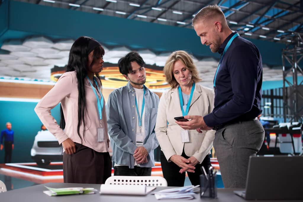 Diverse Exhibitors Showcase Brand At Engaging International Trade Fair Booth